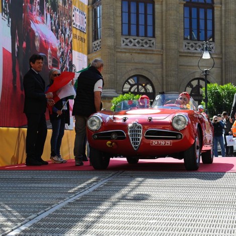 Targa Florio 2017, partenza. Scuderia del Portello, Alfa Romeo Giulietta Spider tipo 750G "Sebring", Gianni Carrisi, Tommaso Cirigugno