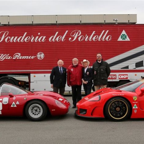 Premiazione dei “Campioni Alfa Romeo”, Museo Storico di Arese, 23 febbraio 2019, da sinistra: Fulvio Maria Ballabio, Marco Cajani, Arturo Merzario e Andrea Cajani