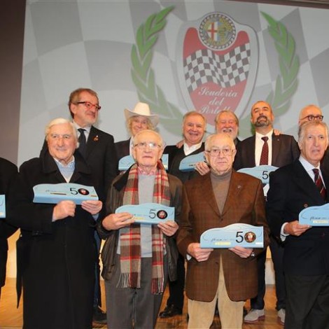 Premiazione dei "Campioni Alfa Romeo", 17 febbraio 2018, Arese - Museo Storico Alfa Romeo. I piloti che hanno fatto la storia dell’Alfa Romeo nelle corse Arturo Merzario, Bruno Giacomelli, Ivan Capelli, Gian Luigi Picchi, Carlo e Giuliano Facetti, Luigi Colzani, Mauro Pregliasco.